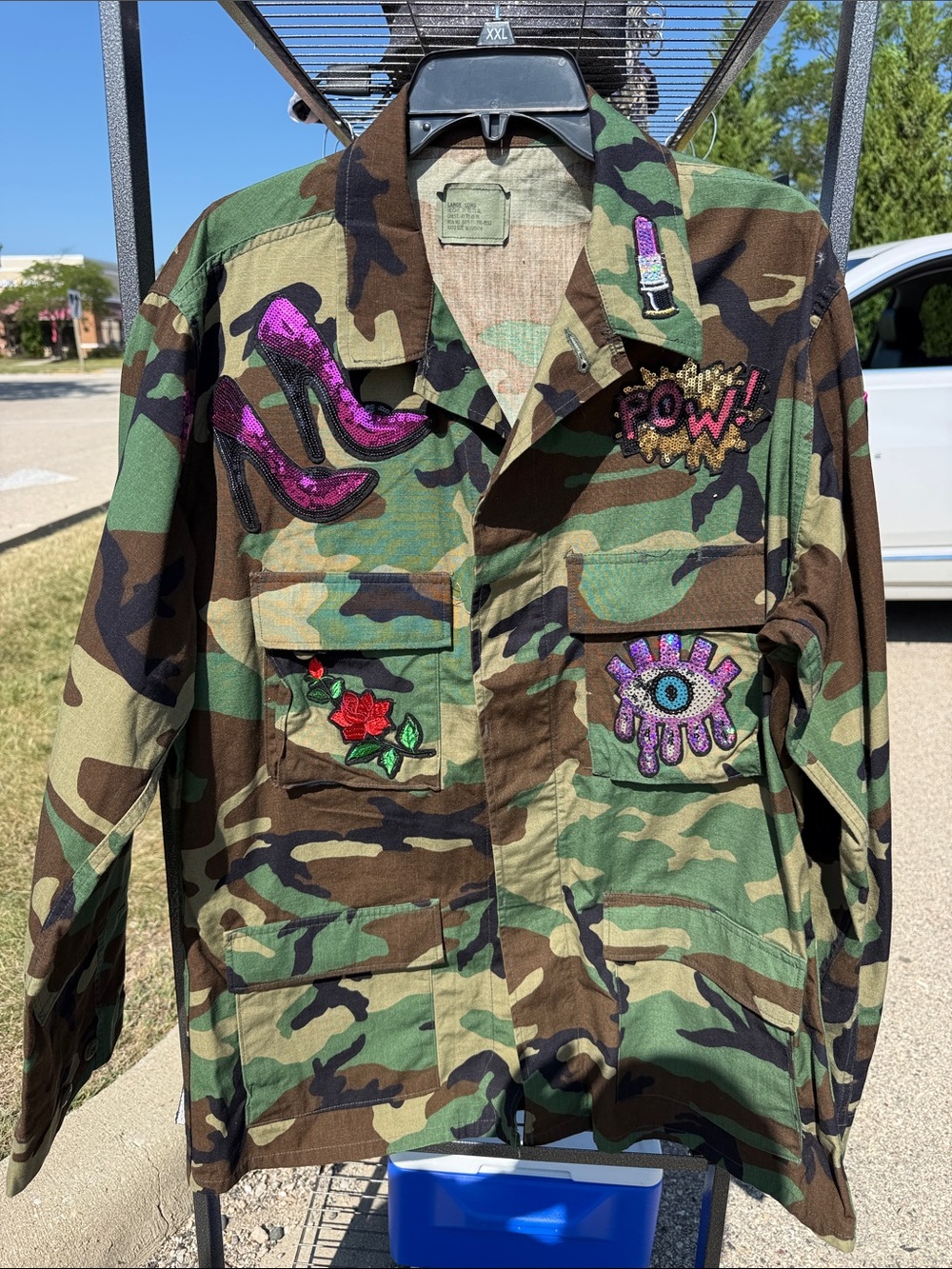 Camo Patchwork Utility Jacket with Pink Sequin Accents